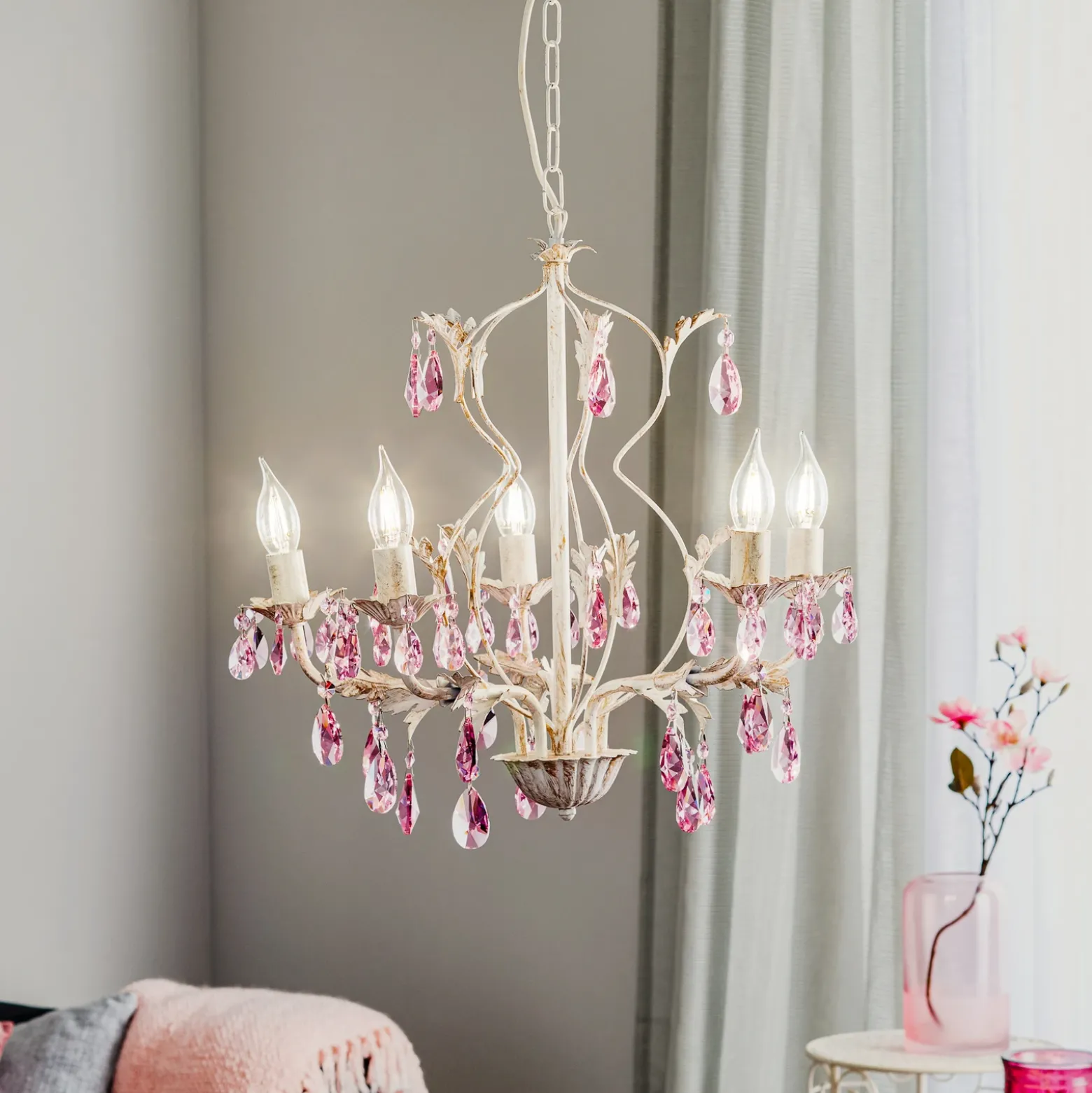 Lámpara de araña Kate, 5 luces, cristal blanco y rosa