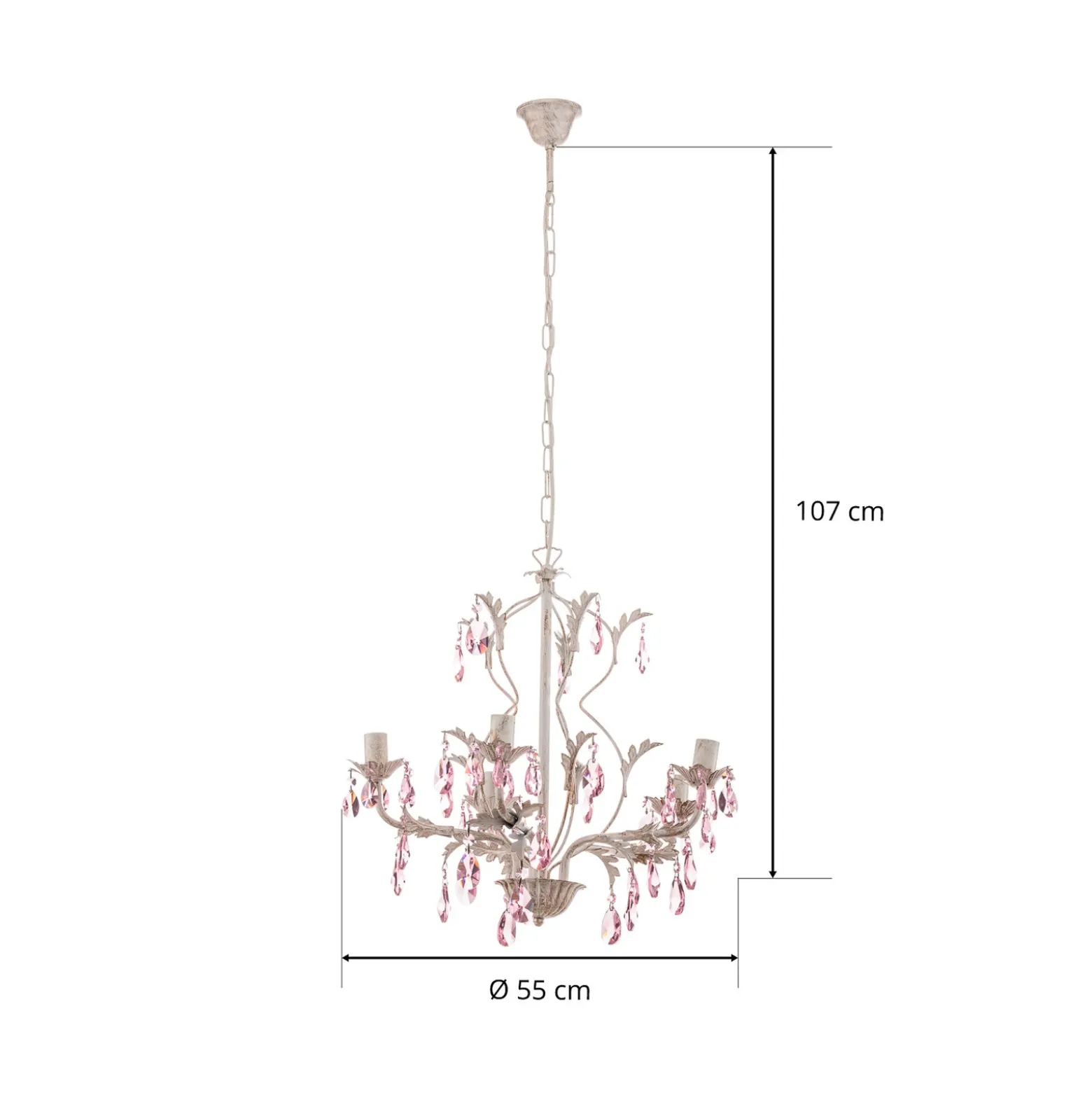 Lámpara de araña Kate, 5 luces, cristal blanco y rosa
