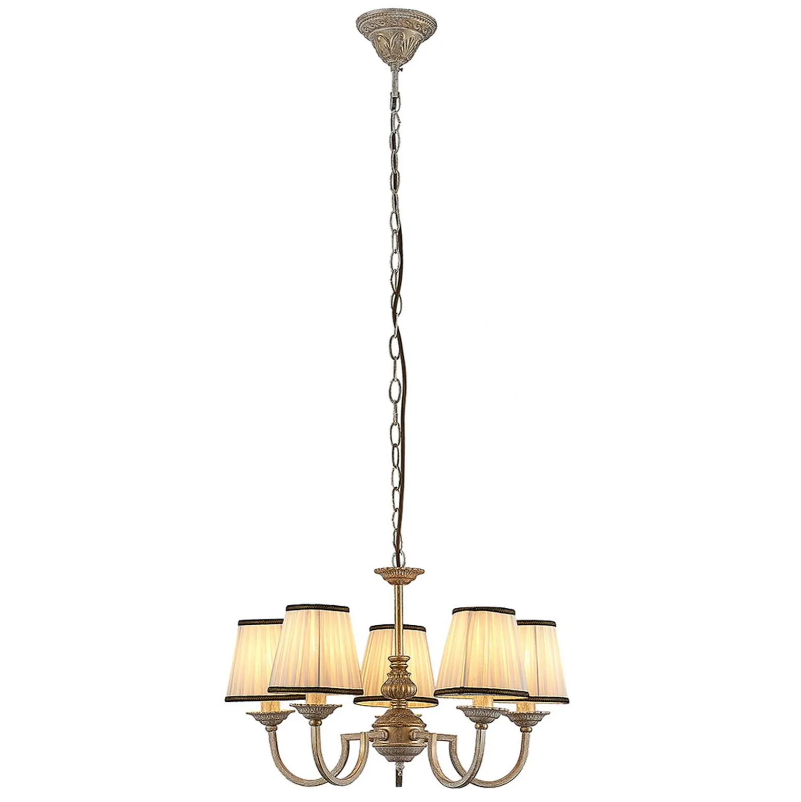 Lámpara de araña Lindby Lumiel, 5 luces, crema/latón, textil
