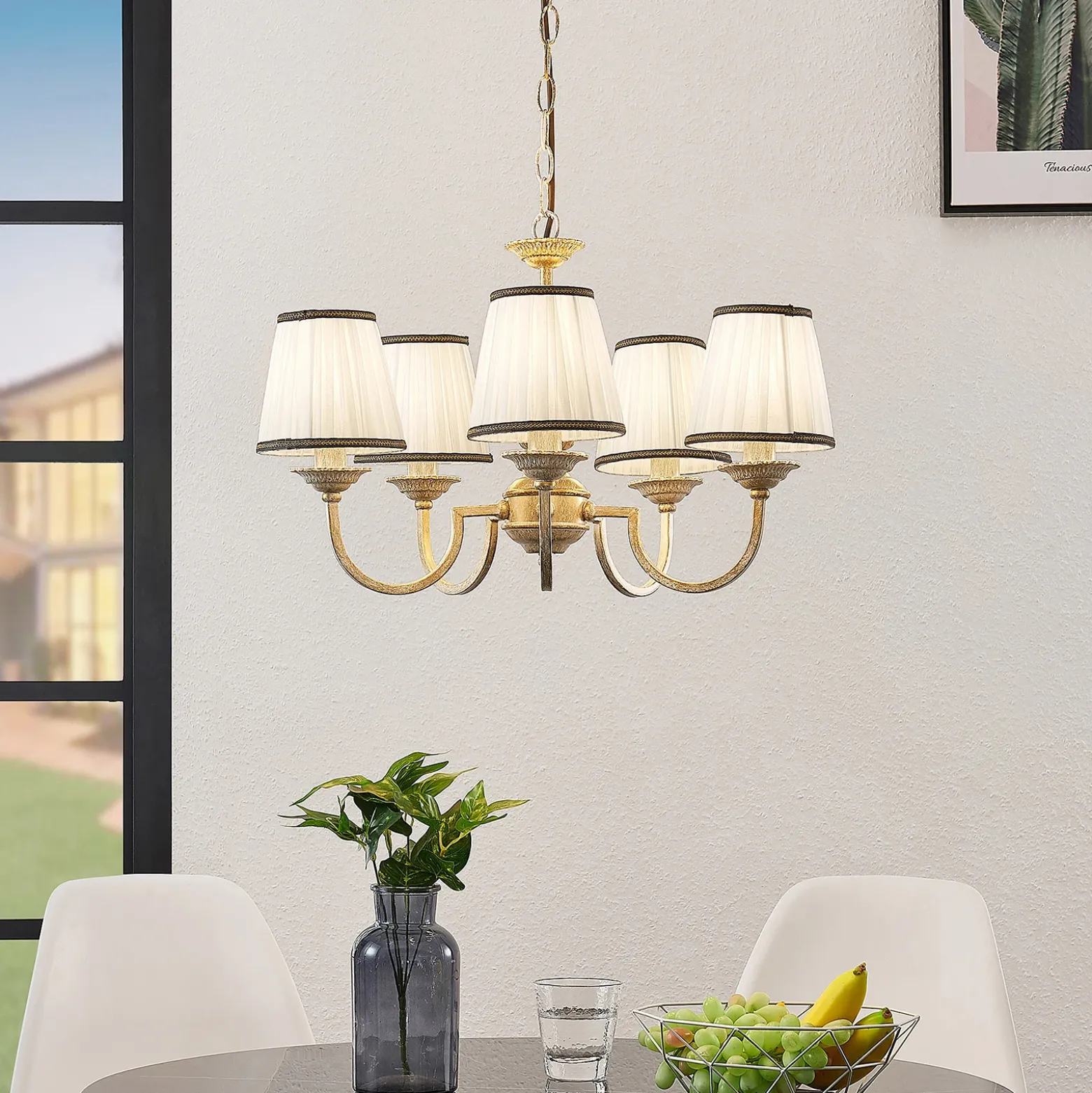Lámpara de araña Lindby Lumiel, 5 luces, crema/latón, textil