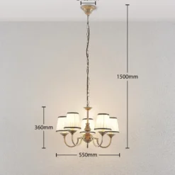 Lámpara de araña Lindby Lumiel, 5 luces, crema/latón, textil