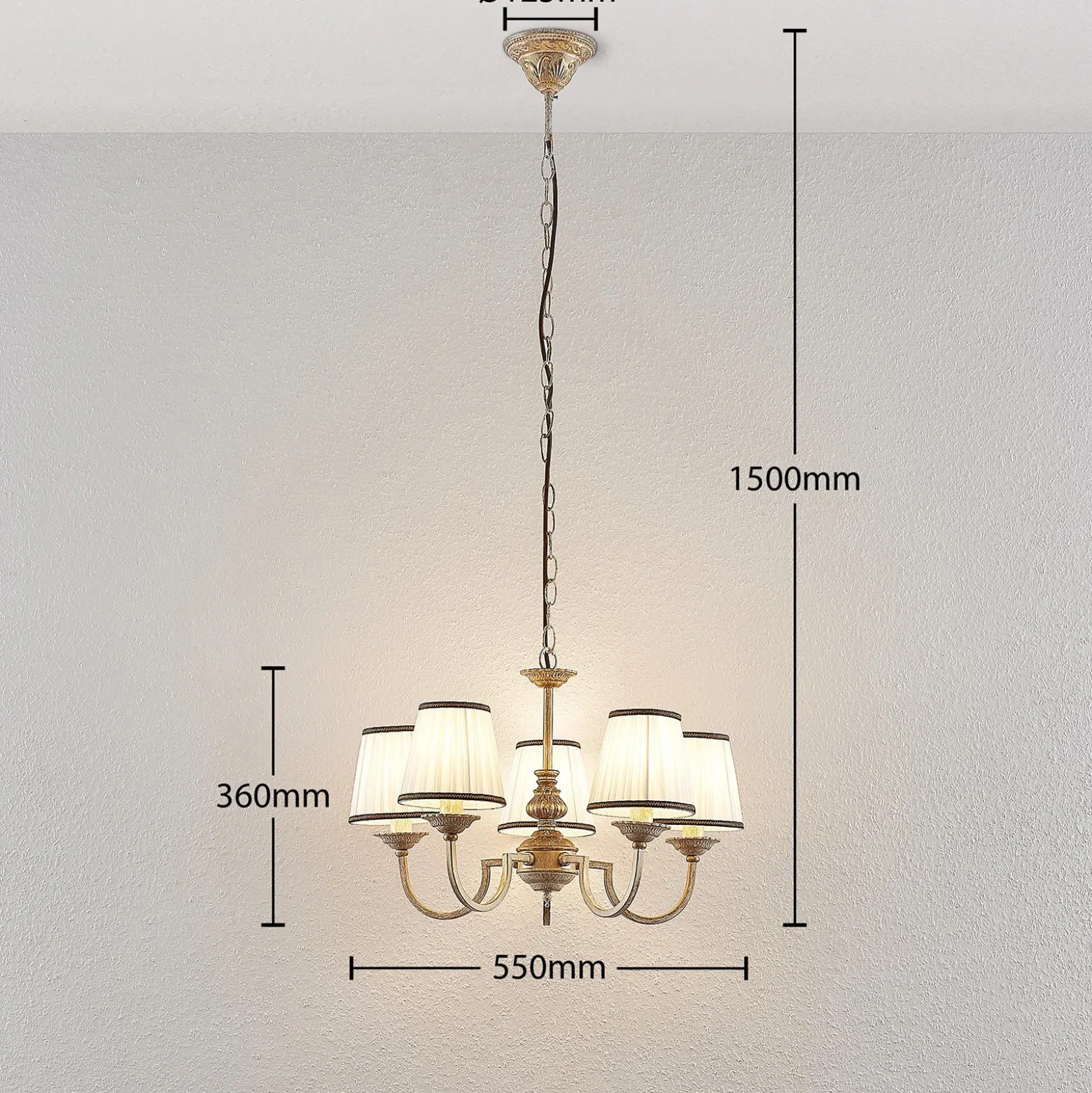 Lámpara de araña Lindby Lumiel, 5 luces, crema/latón, textil