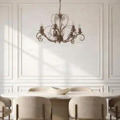 Lámpara de araña Mauro, beige, 7 luces, Ø 62 cm, metal, E14