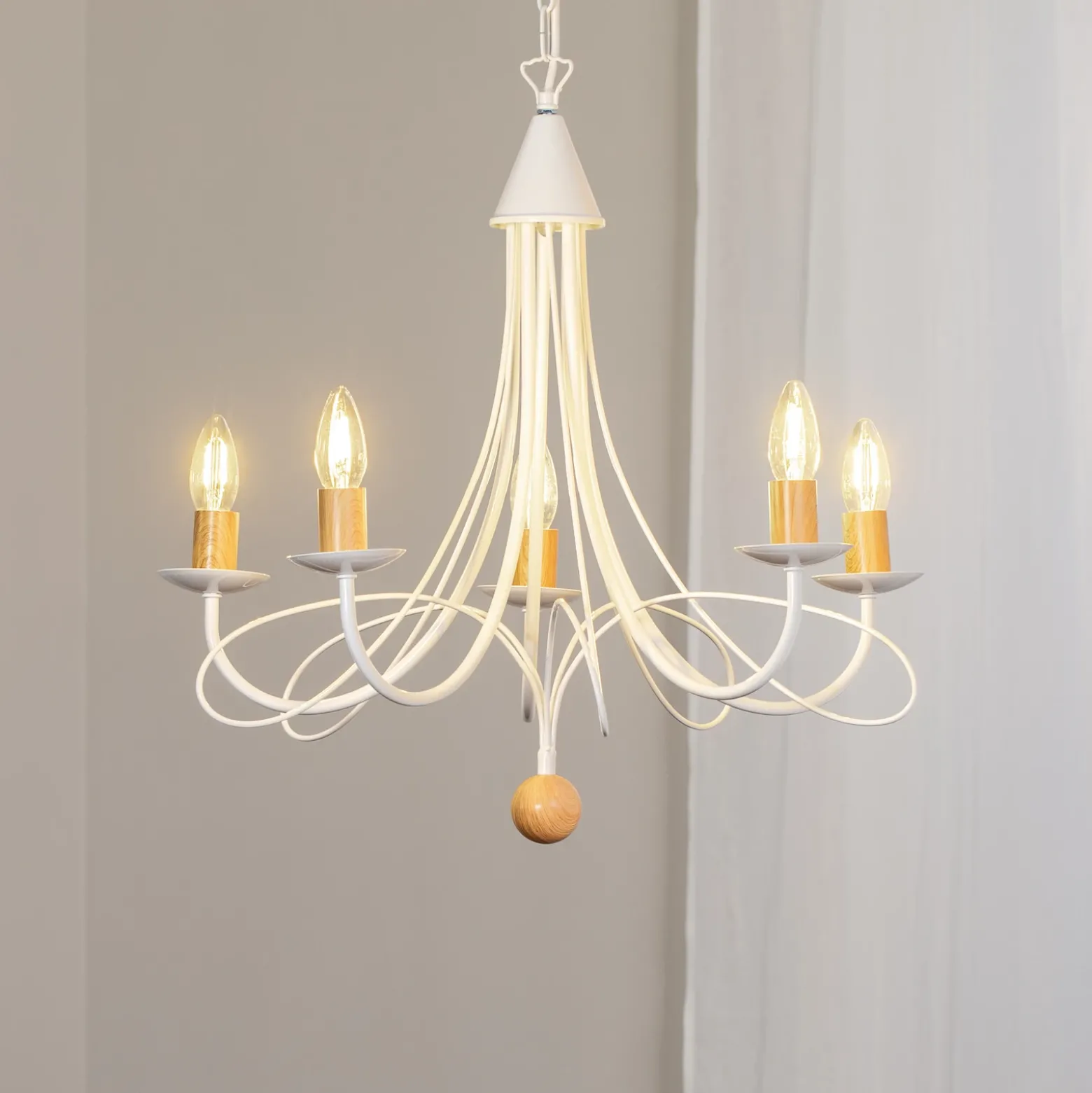 Lámpara de araña Milvia, 5 luces, blanco/color madera, metal