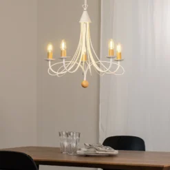 Lámpara de araña Milvia, 5 luces, blanco/color madera, metal