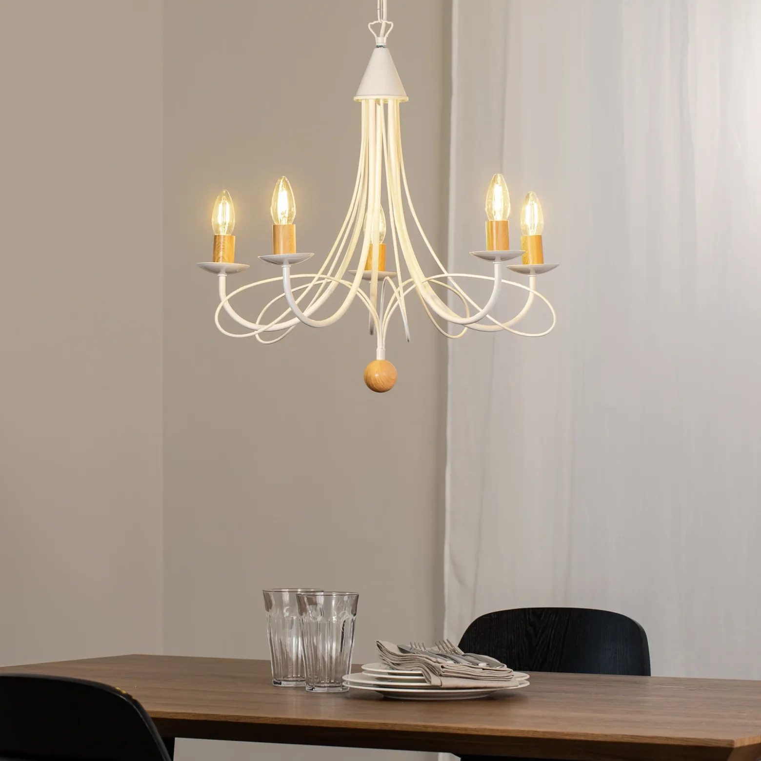 Lámpara de araña Milvia, 5 luces, blanco/color madera, metal