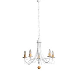 Lámpara de araña Milvia, 5 luces, blanco/color madera, metal