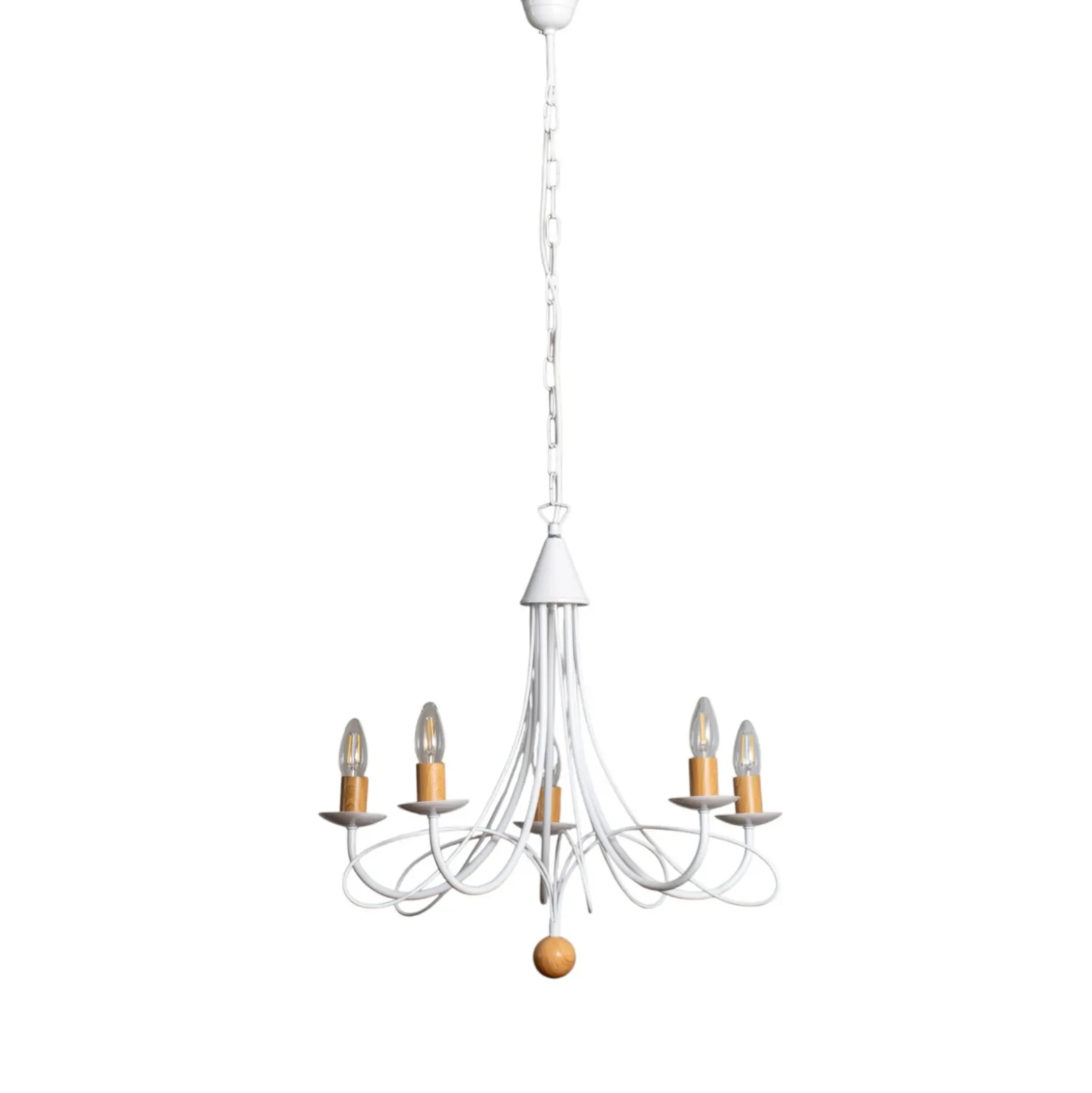 Lámpara de araña Milvia, 5 luces, blanco/color madera, metal