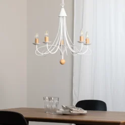 Lámpara de araña Milvia, 5 luces, blanco/color madera, metal
