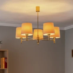 Lámpara de araña Polo, 5 luces, beige/latón oscuro