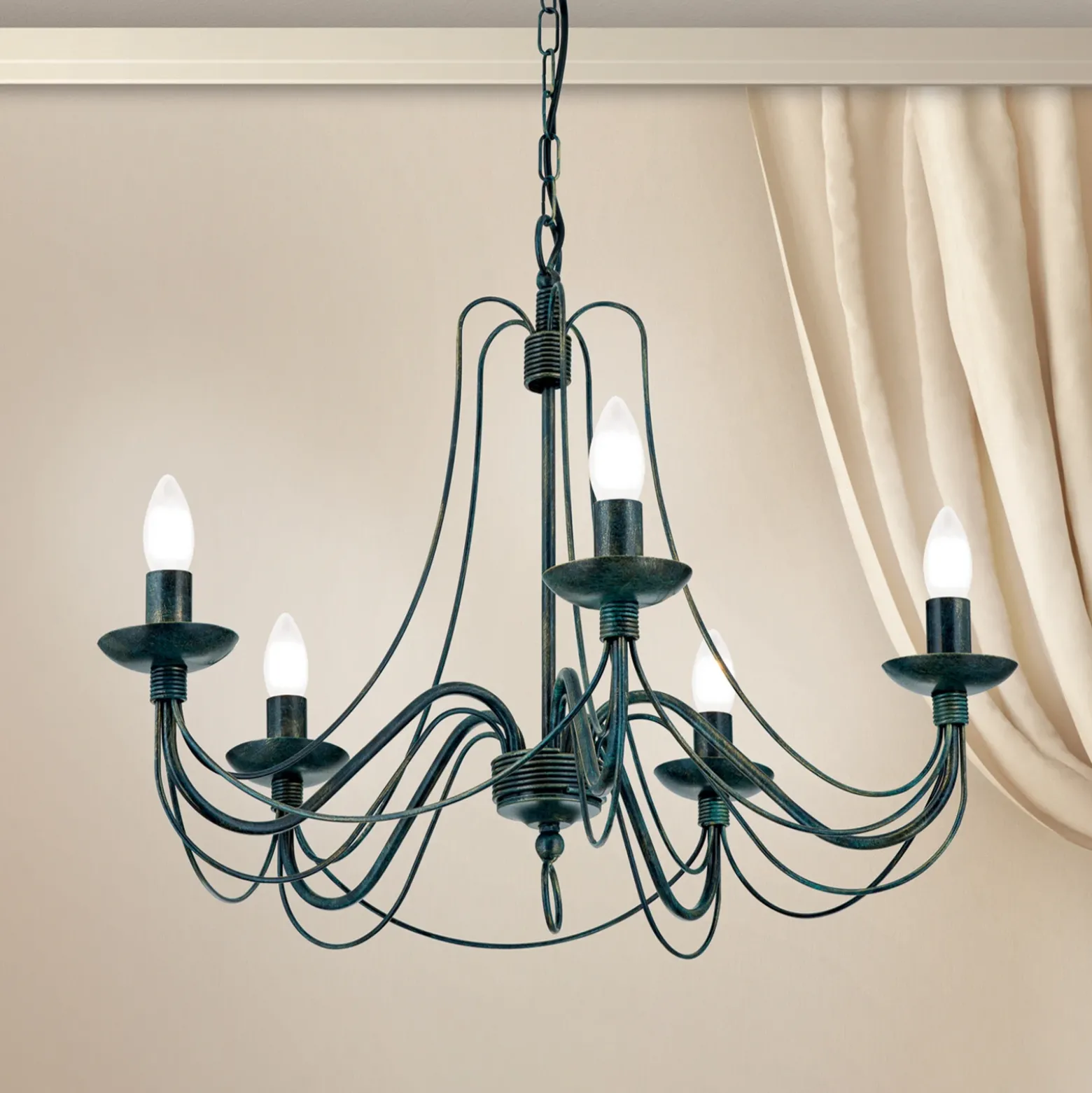 Lámpara de araña Vela, cinco luces, negro-verde antiguo