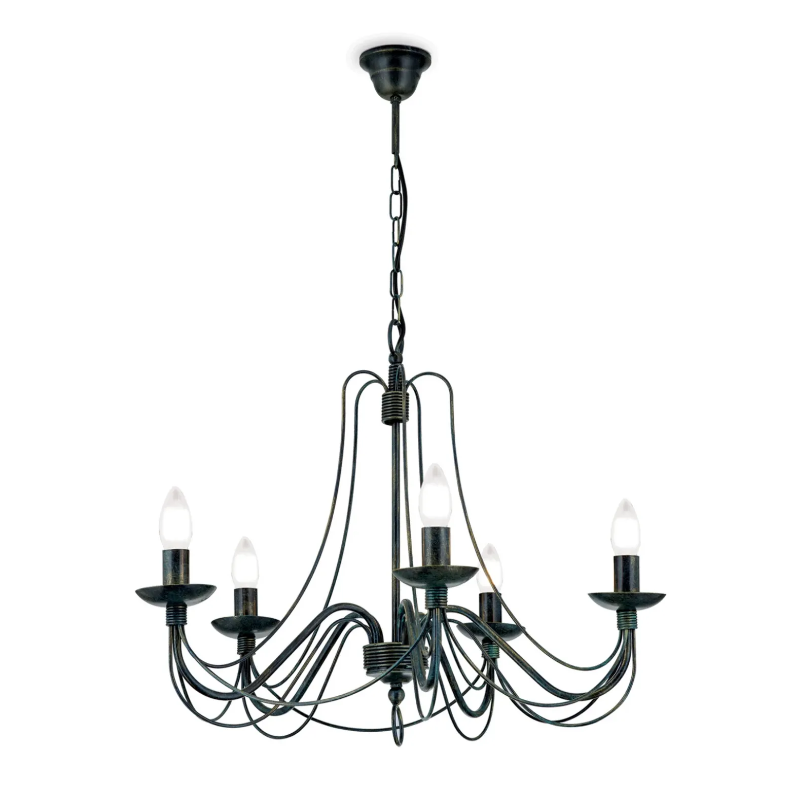Lámpara de araña Vela, cinco luces, negro-verde antiguo
