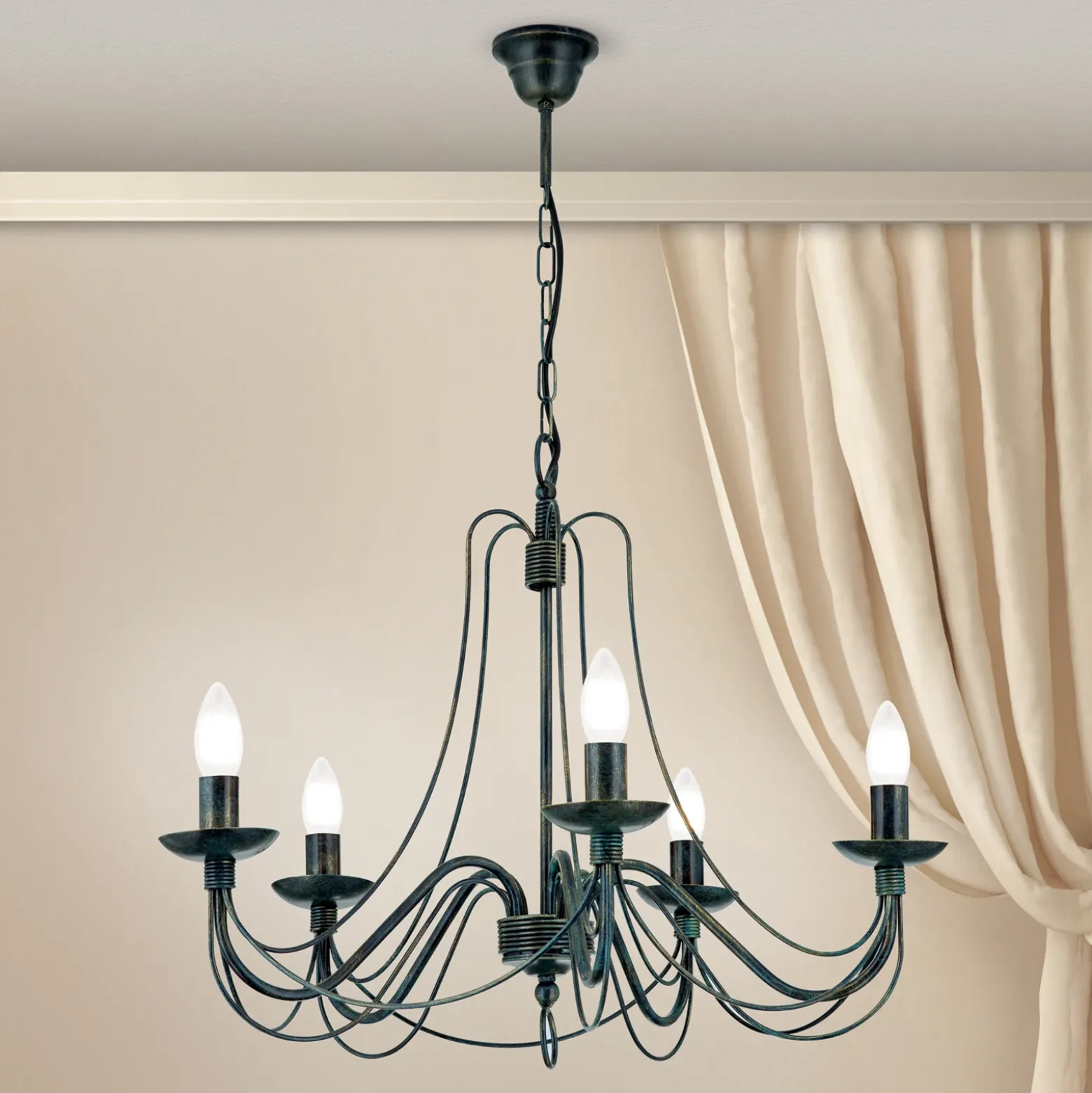 Lámpara de araña Vela, cinco luces, negro-verde antiguo