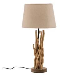 Lámpara de mesa Agar con pantalla de tela y elemento de madera