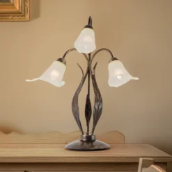 Lámpara de mesa Alga, 3 luces, hierro, cristal, florentino