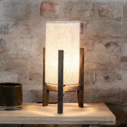 Lámpara de mesa Eruca, altura 34 cm, marrón/beige, madera/lino