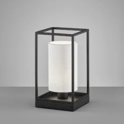 Lámpara de mesa Gilli, blanco/negro, lino, metal, altura 29 cm