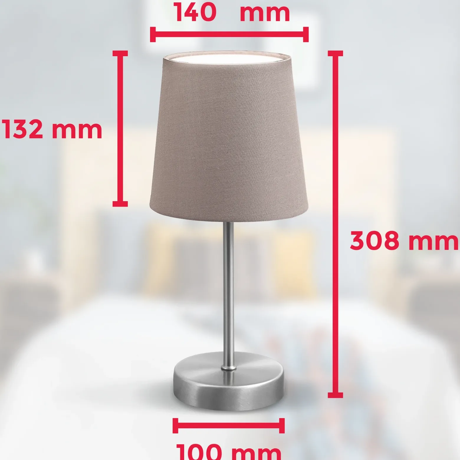 Lámpara de mesa Kaneo, color topo, altura 30,8 cm, metal, textil, E14