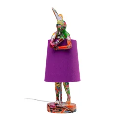 Lámpara de mesa KARE Animal Rabbit, morado/graffiti, 50 cm, E14