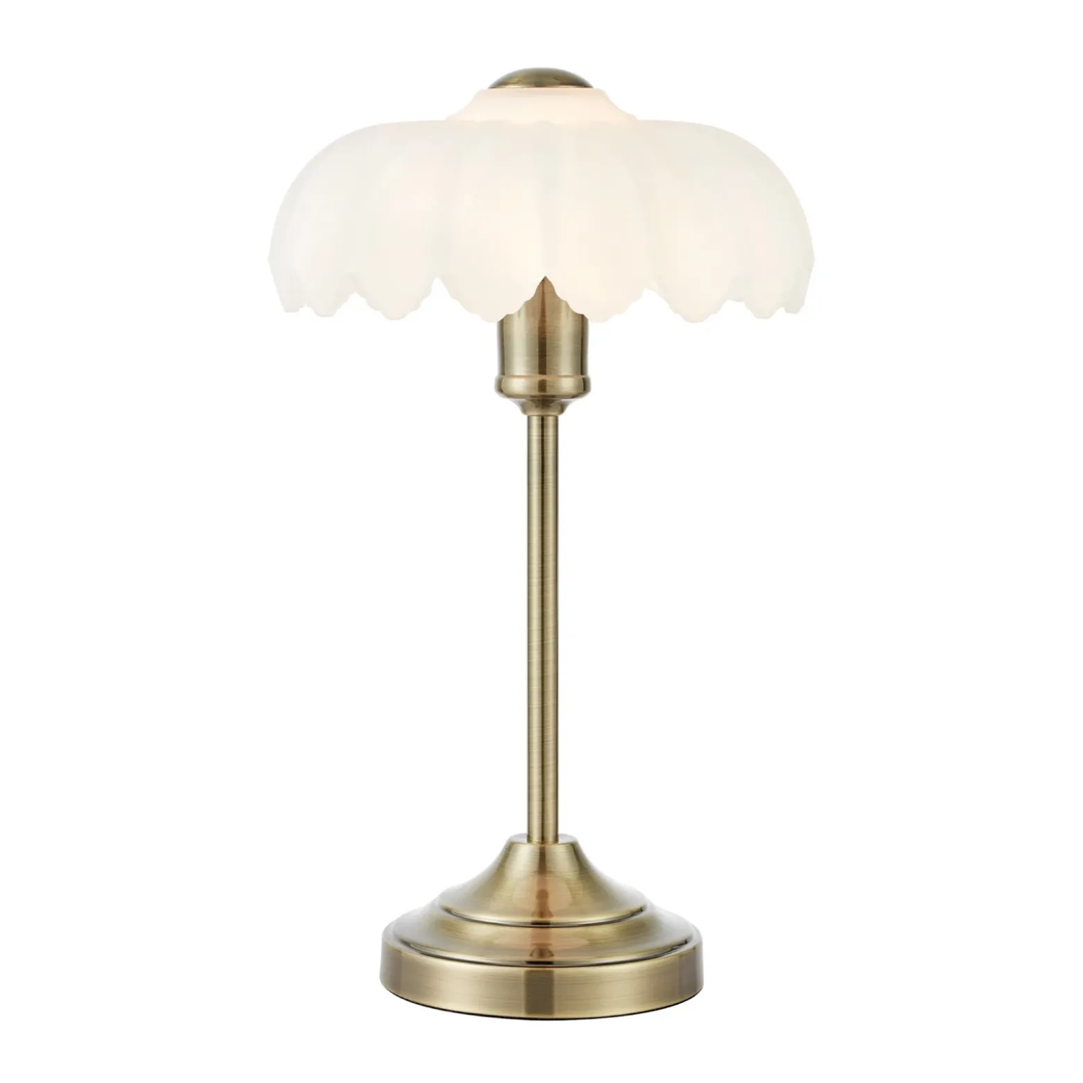 Lámpara de mesa Kurage, latón antiguo/blanco, cristal, altura 43 cm, E27