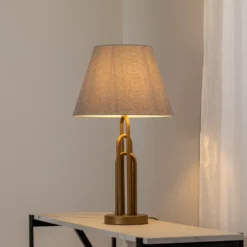 Lámpara de mesa Lazar, gris/oro antiguo, altura 65 cm, textil/metal