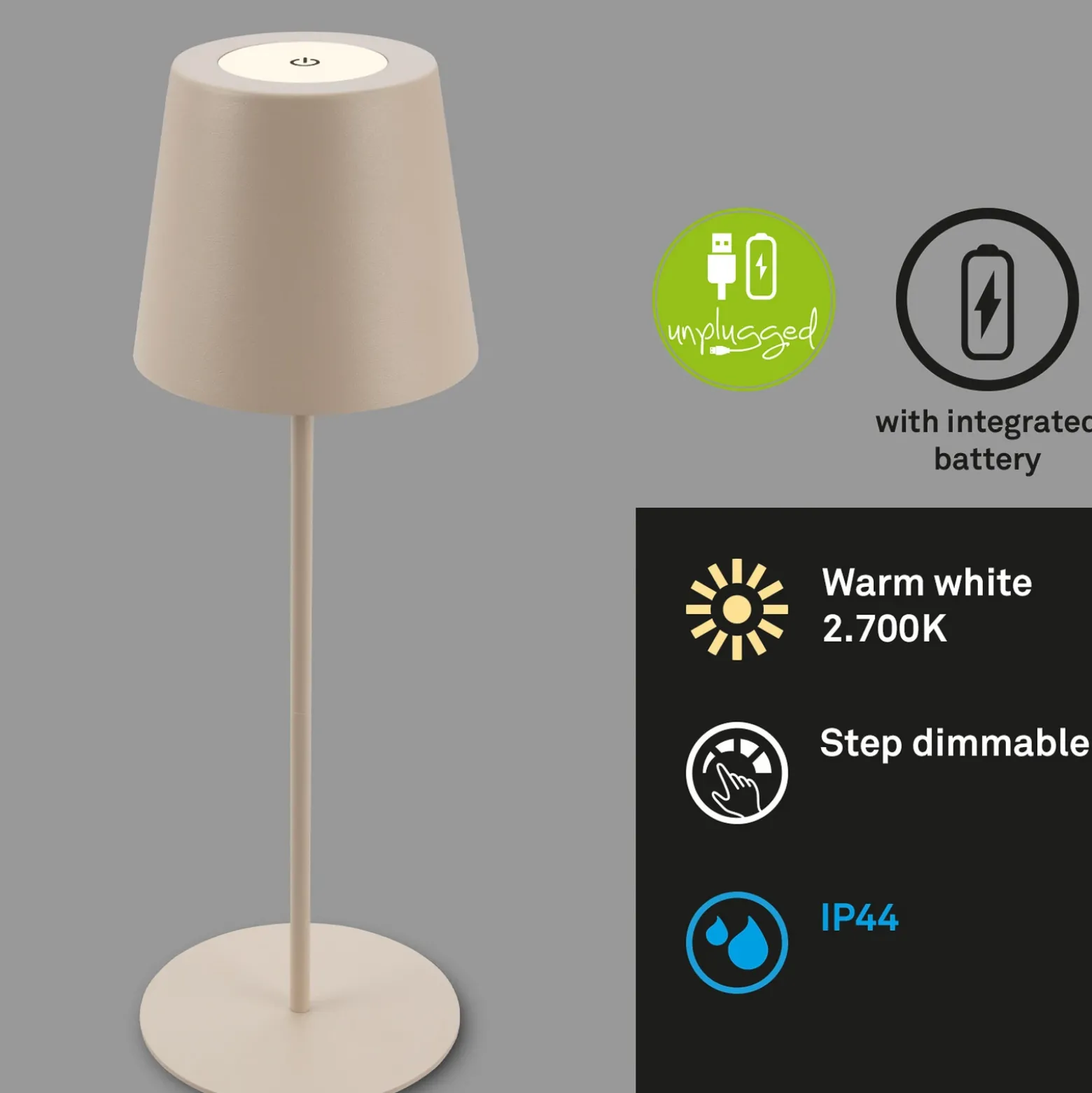 Lámpara de mesa LED con batería 7508011, beige, 2.700 K IP44 Regulador táctil