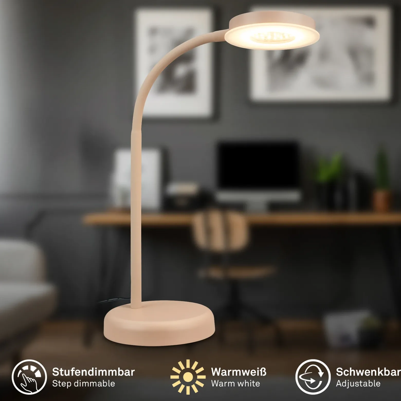 Lámpara de mesa LED Megg, beige, metal, atenuador, 3000 K