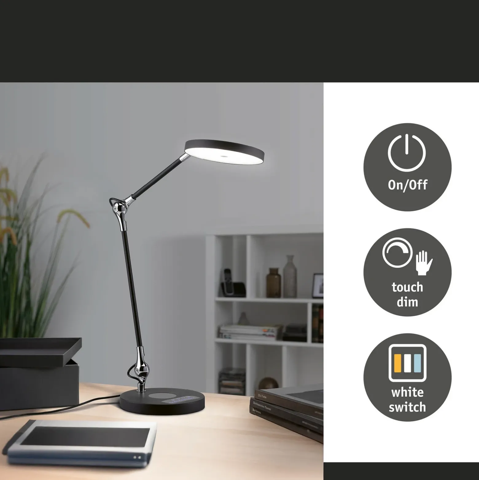 lámpara de mesa LED Paulmann Numis, negra, atenuable, CCT