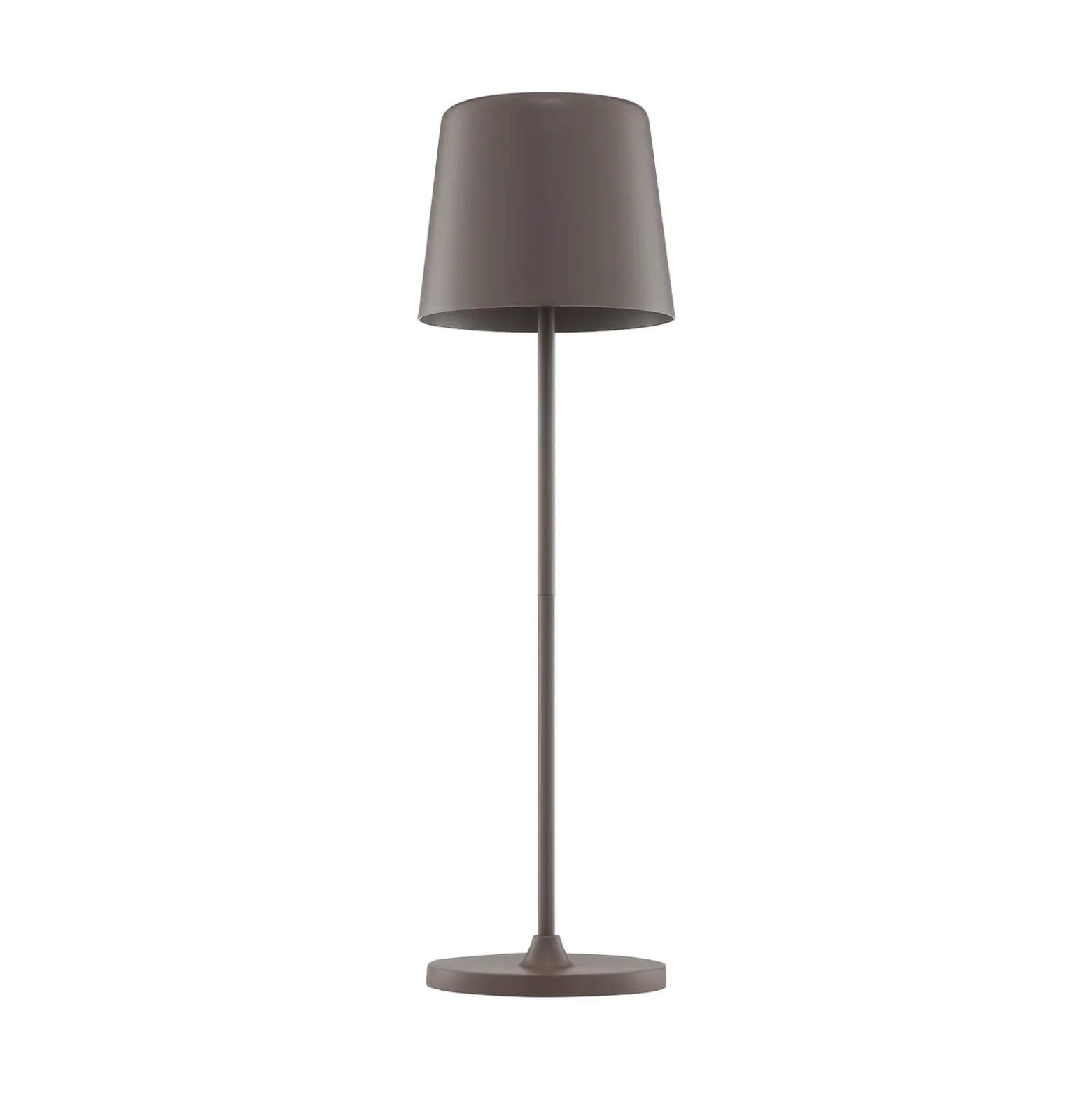 Lámpara de mesa LED recargable Kaami, marrón, altura 37 cm, IP44, atenuable.