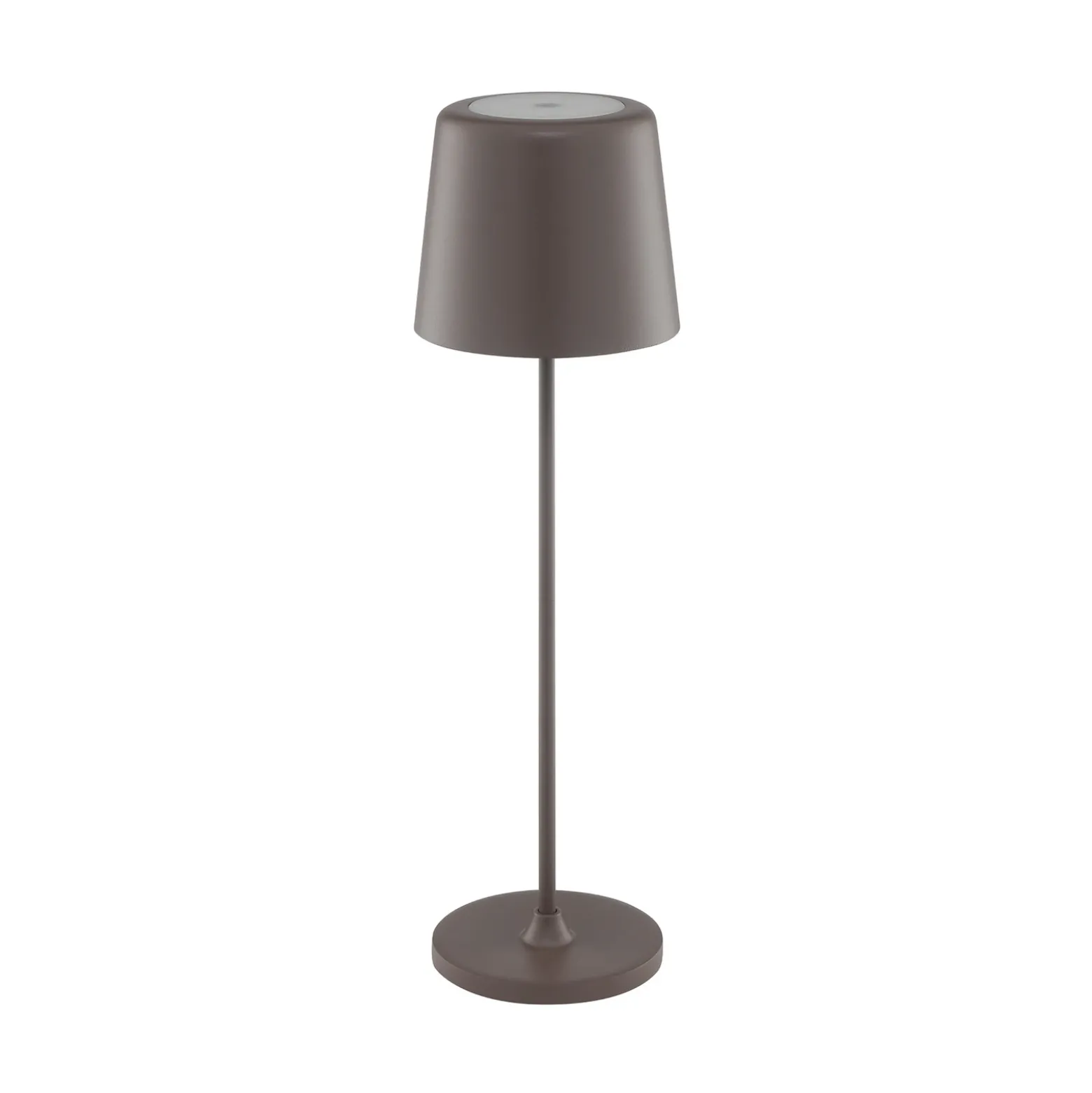 Lámpara de mesa LED recargable Kaami, marrón, altura 37 cm, IP44, atenuable.