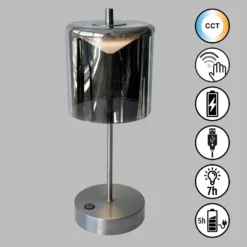Lámpara de mesa LED recargable Riva, níquel/humo Altura 34,5cm