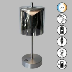 Lámpara de mesa LED recargable Riva, níquel/humo Altura 34,5cm