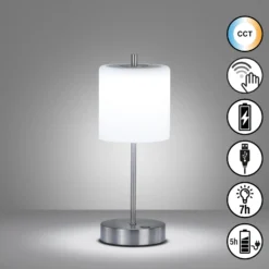 Lámpara de mesa LED recargable Riva níquel/opal Altura 34,5cm