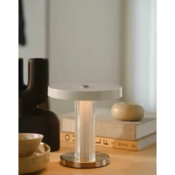 Lámpara de mesa LED recargable Trezzi, blanca, altura 22 cm, metal/vidrio