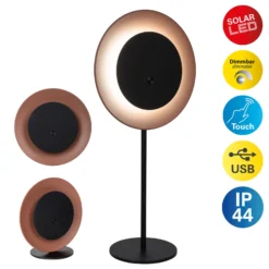 Lámpara de mesa LED recargable Solan, negro/marrón, solar, IP54