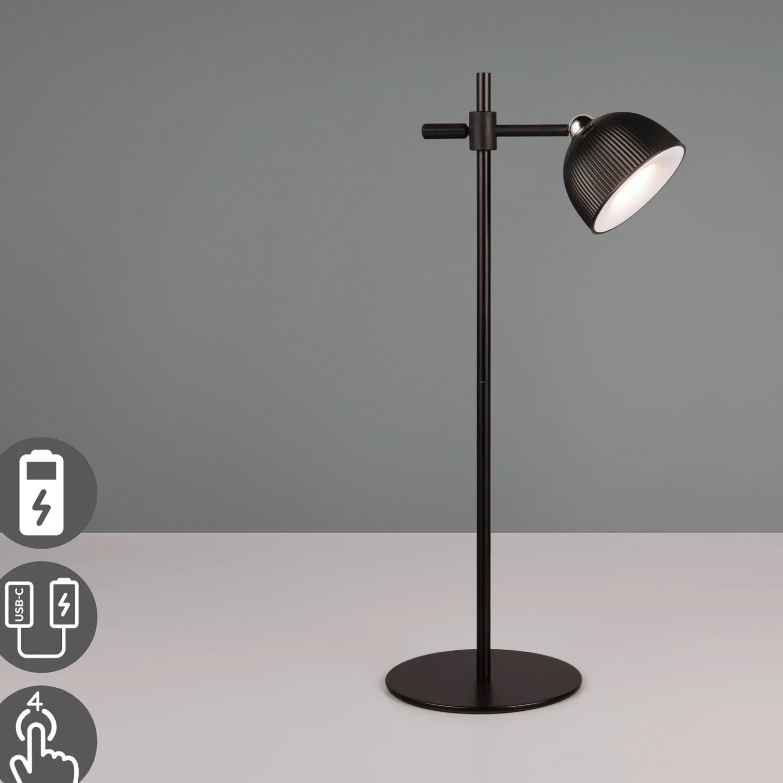 Lámpara de mesa LED recargable Maxima, negra, altura 41 cm, plástico