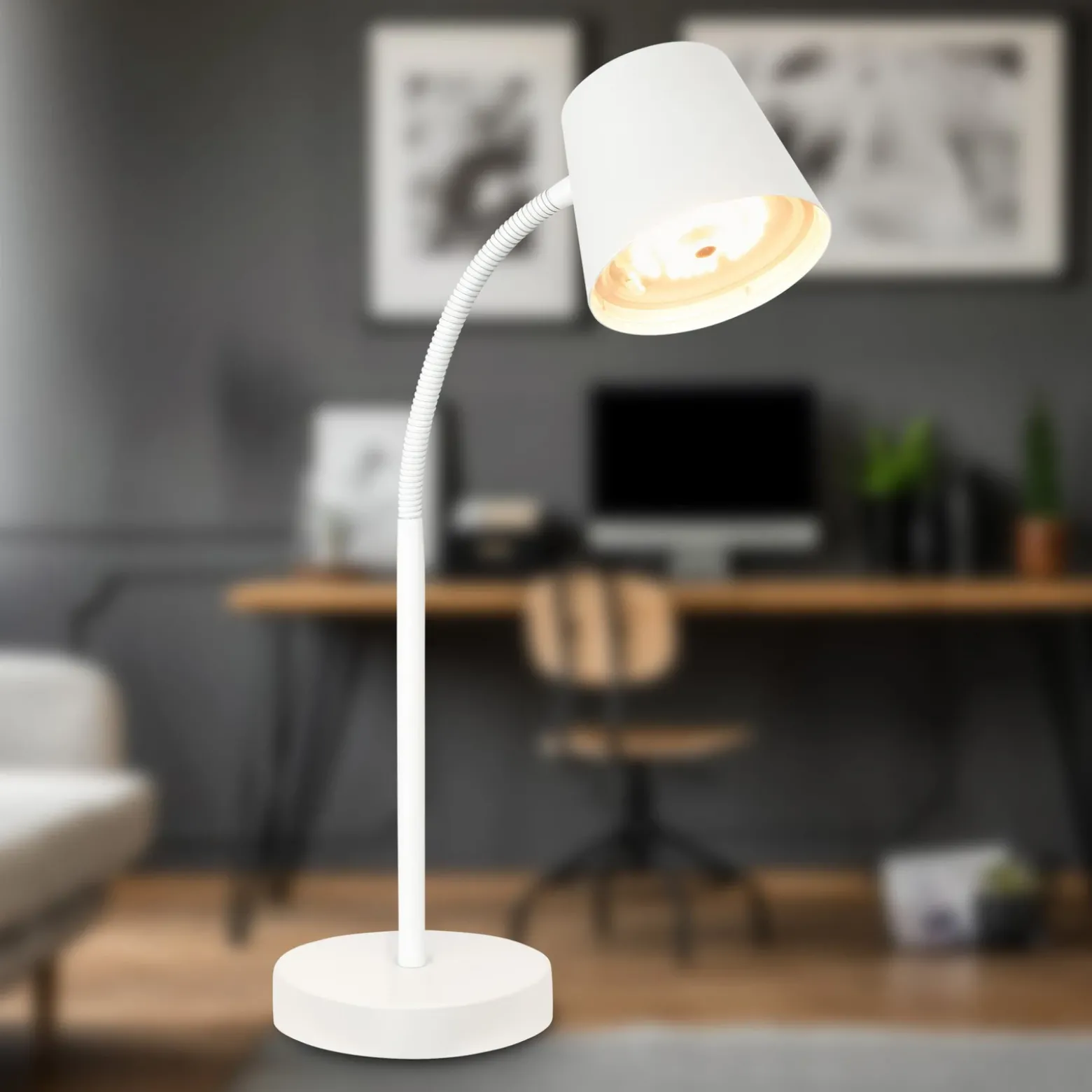 Lámpara de mesa LED recargable Biwo, blanca, regulador táctil, metal