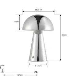 Lámpara de mesa LED recargable Lindby Nevijo, cromada, Ø 20 cm, USB, atenuador