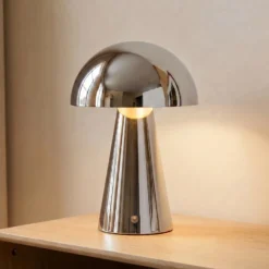 Lámpara de mesa LED recargable Lindby Nevijo, cromada, Ø 20 cm, USB, atenuador