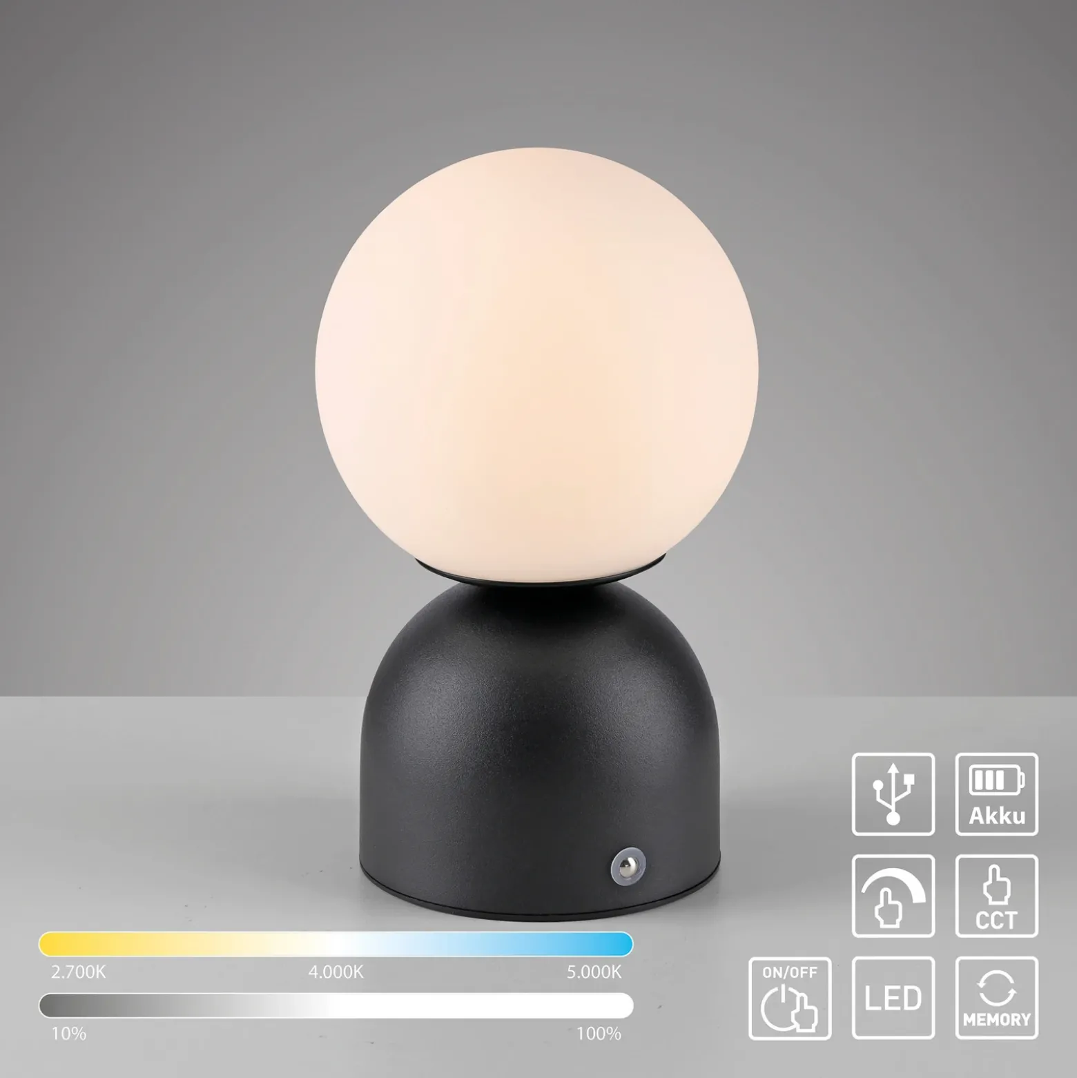 Lámpara de mesa LED recargable RUDI, negra, altura 20 cm, CCT, regulación táctil