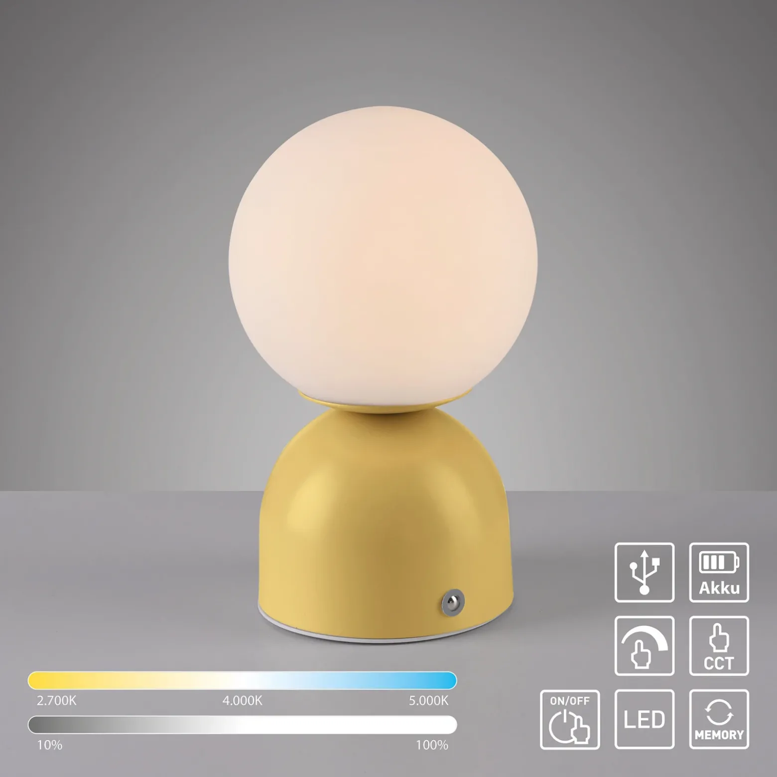Lámpara de mesa LED recargable RUDI, amarilla, altura 20 cm, CCT, regulación