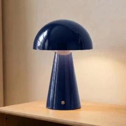 Lámpara de mesa LED recargable Lindby Nevijo, azul, Ø 20 cm, USB, atenuador