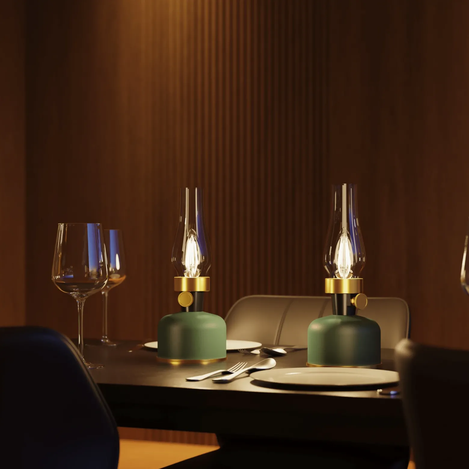 Lámpara de mesa LED recargable Calex Lavinio, verde, con atenuador