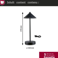 Lámpara de mesa LED recargable Paulmann Pellini, negra, luz hacia abajo, CCT
