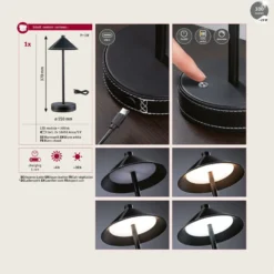 Lámpara de mesa LED recargable Paulmann Pellini, negra, luz hacia abajo, CCT