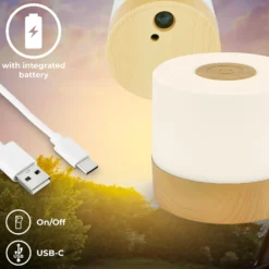 Lámpara de mesa LED recargable Cita con acabado en madera, USB-C, 2700 K,