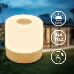 Lámpara de mesa LED recargable Cita con acabado en madera, USB-C, 2700 K,