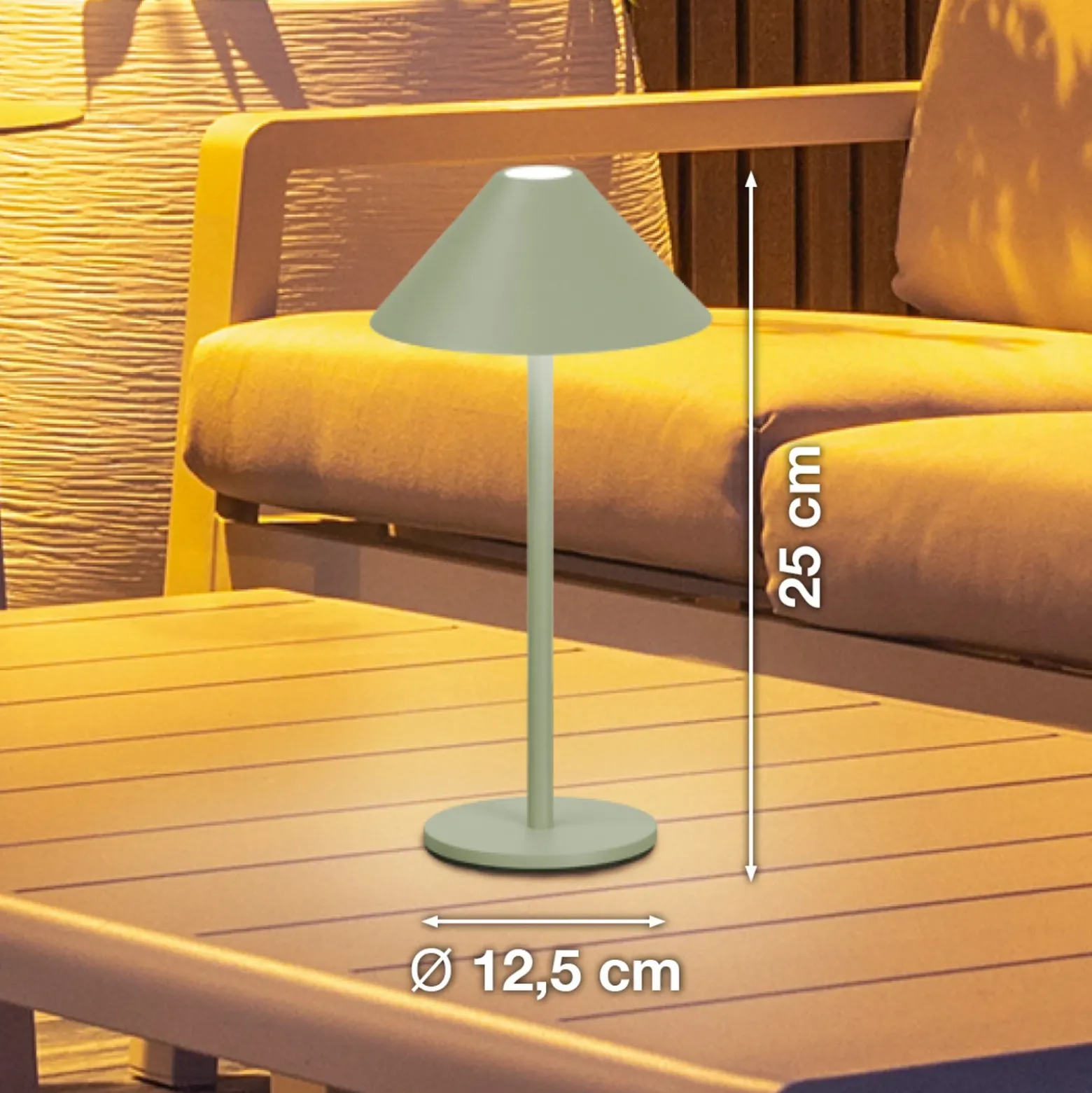 Lámpara de mesa LED recargable Prato, verde salvia, altura 25 cm, metal, IP54