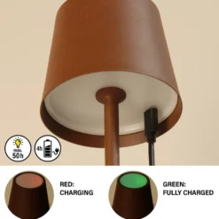Lámpara de mesa LED recargable Roxi, color óxido, metal, IP54, atenuador