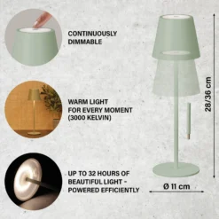 Lámpara de mesa LED recargable Viletto, verde salvia, IP54